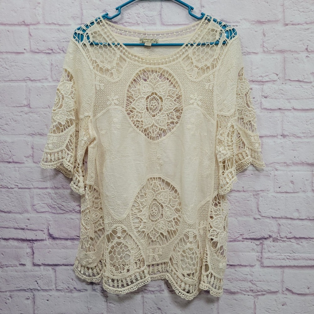 Energe World Wear Crochet Lace Boho Blouse M Cream Cottagecore Coquette Hippie